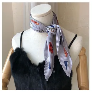 Grey pleated small square scarf with colorful abstract print, chic vintage neckerchief.