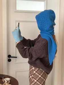 Cozy blue knit balaclava hooded scarf set with gloves, stylish winter warm wool outfit.