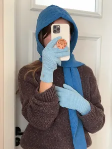 Winter warm knitted hooded scarf and gloves set, stylish casual thermal blue outfit.