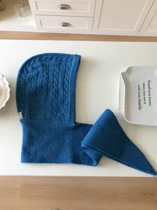 Blue knitted balaclava winter warm hood scarf combo stylish woolen headwear for women
