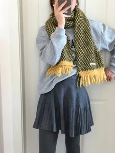 Korean style soft houndstooth fringe winter scarf for women, warm cozy tassel neck wrap.