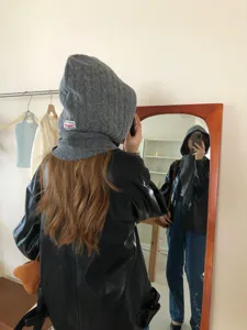 Grey wool knitted balaclava hat scarf combo, cozy winter hood, stylish cold weather fashion item.
