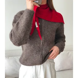 Korean style cozy fuzzy knit cardigan and red wool triangular scarf set for women