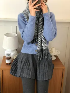 Korean style winter warm knitted tassel scarf, soft houndstooth pattern cozy fashion accessory.