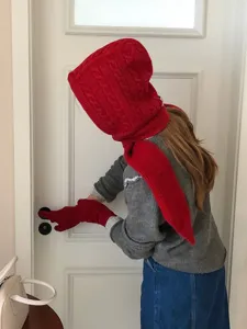Red knitted balaclava hood scarf set with cozy matching gloves for warm winter style.