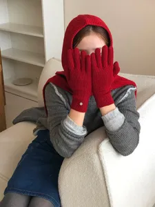 Red knit balaclava hood scarf set and gloves for women, warm winter fashion wool hat design.