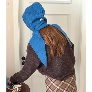 Winter Cable Knit Wool Blend Balaclava Hooded Scarf Integrated Hat Solid Color Windproof Warm Beanie Scarf Combo For Unisex