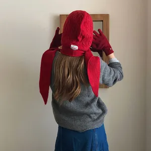 Red knitted balaclava hood scarf set, warm winter woolen hat for women daily wear.