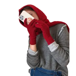 2025 New Autumn Winter Knitted Balaclava Hood Scarf Set with Gloves Warm Fashion Hat