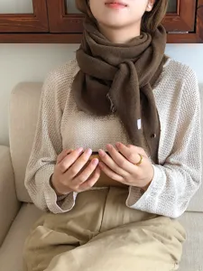 Brown wool winter warm triangle scarf detail shot, soft neckerchief head wrap for women