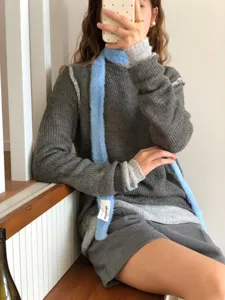 Y2K fuzzy thin scarf detail, stylish plush long neck scarf for women autumn and winter outfits.