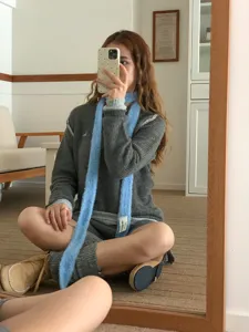Y2K fuzzy long narrow scarf for women, trendy blue winter scarf neck warmer for daily wear.