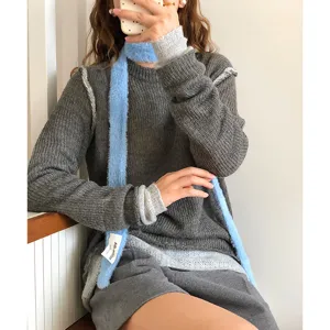 Trendy thin fuzzy scarf for women, layered Y2K long plush neckerchief Korean style fashion outfit.