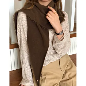 Cozy brown wool triangle scarf for women, soft winter warm knitted kerchief daily wear.