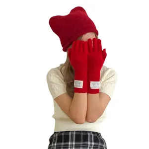 Ensemble de gants en laine tricotés chauds d'hiver et bonnet oreilles de chat mignon pour femme.