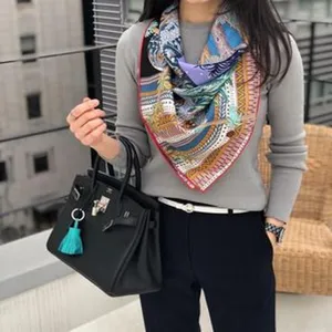 Mulberry Silk Square Scarf Luxury Printed Large Scarf For Women Silk Shawl Wrap With Hand Rolled Edge Vintage Floral Pattern Elegant Neck Scarf