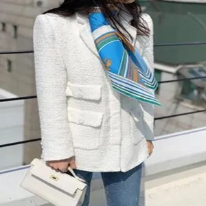 Blue silk square scarf with royal horse and stripe pattern, elegant women accessory.