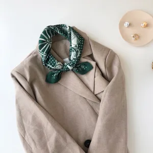 Green printed small silk scarf, elegant minimalist neckerchief for women professional wear.