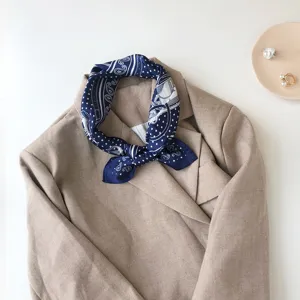 Navy blue silk square scarf with elegant equestrian print, chic neckerchief for women daily wear.