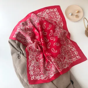 Red silk scarf women elegant small square neckerchief retro paisley print bandana chic