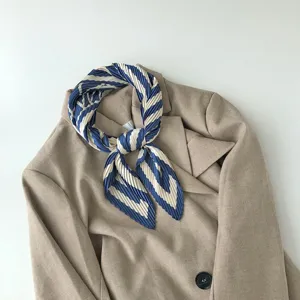 Blue white geometric pleated square scarf 70x70cm stylish fashion neckerchief accessory.
