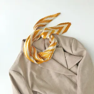 Pleated geometric print small square scarf yellow white neck accessory scarf detail view