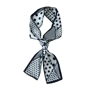 Elegant black and white polka dot silk scarf, minimalist narrow neckerchief for daily wear.