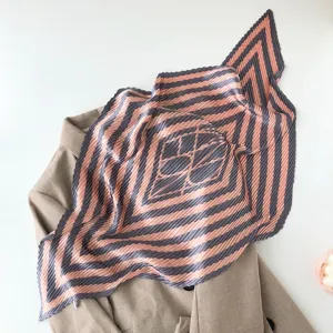 Pleated geometric striped small square scarf, elegant neckerchief for women styling.