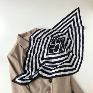 Black and white pleated geometric square scarf, stylish neckerchief accessory for women.