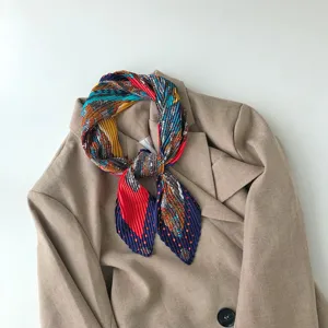 Pleated geometric polka dot small silk scarf, 70x70cm fashion neckerchief detail view.