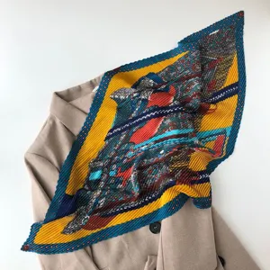 Pleated printed silk scarf 70x70cm geometric striped chic women neckerchief fashion accessory.