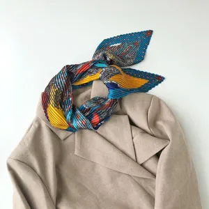 Pleated printed small square scarf for women, elegant geometric stripe neck scarf accessory.