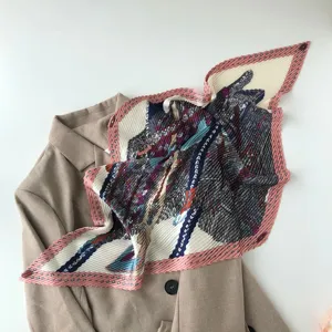 Pleated square scarf with geometric stripe and polka dot print, stylish 70x70cm neckerchief.