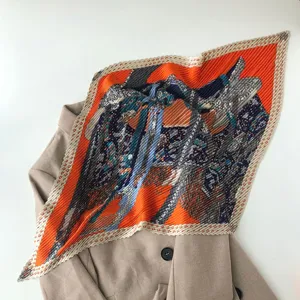 Pleated printed silk feel square scarf 70x70cm geometric striped neckerchief elegant accessory