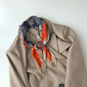 Pleated square scarf for women, elegant geometric stripe and polka dot neckerchief, soft fashion.
