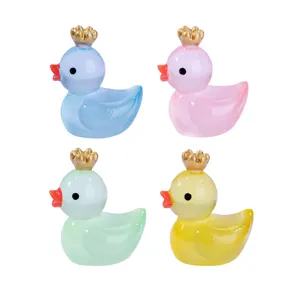 Luminous Crown Little Yellow Duck Resin Figurine Miniature Micro Landscape Aquarium Decor Cute Animal Ornament Desktop Toy