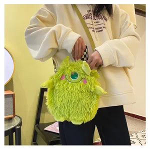 Niedliche grüne plüschige Monster Umhängetasche, lustige einäugige Cartoon Handtasche für Mädchen.