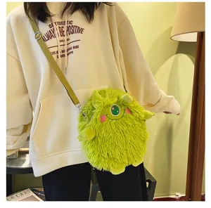 Süße flauschige grüne Monster Umhängetasche für Damen, weiche Plüsch Cartoon Schultertasche.
