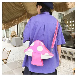 Detailansicht der kreativen Pilz-Form PU Leder Umhängetasche, trendy rosa Stil für Damen.