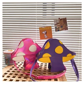 Kreative Pilz PU Leder Umhängetasche, süße bunte Farbblock Schultertasche für Damen.
