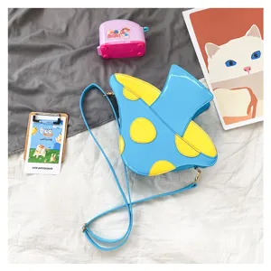 Kreative Pilzform PU Leder Umhängetasche für Damen, blau gelb Farbblock Handtasche.