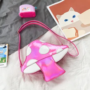 Glänzende rosa Laser PU Leder Pilz geformte Umhängetasche für Damen süße Neuheit Tasche