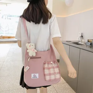 Sac Bandoulière Femme Style Preppy Coréen Avec Cordon De Serrage À Carreaux Sac Messager Mignon Pour Étudiant En Nylon