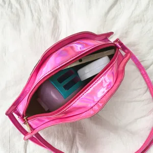 Trendige holografische rosa PU Pilz Umhängetasche, stilvolle Damen Schultertasche für den Alltag.