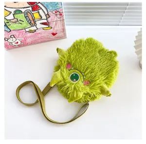Süße grüne Plüsch Monster Umhängetasche mit Stickerei, lustige japanische Schultasche.