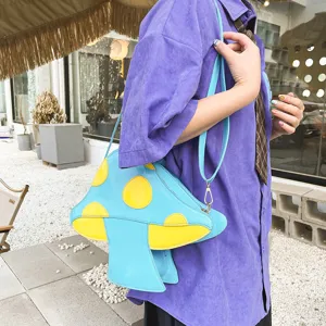 Einzigartige blaue gelbe Pilzform PU Leder Umhängetasche stilvolle kreative Schultertasche Damen