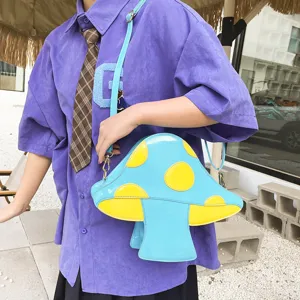 Kreative blaue gelbe Pilz PU Leder Umhängetasche mit süßem Kontrastfarben Design.