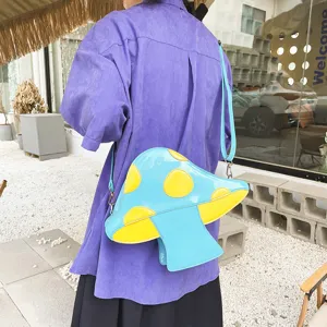 Modische Neuheit blau gelbe Pilz PU Leder Umhängetasche für Damen lässige süße Schultertasche