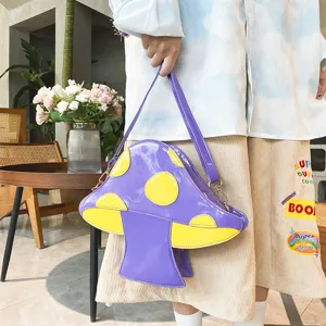 Ausgefallene Pilzform PU Leder Umhängetasche, kreative lila gelbe Colorblock Modetasche neu.