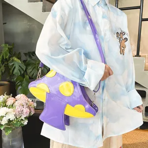 Kreative pilzförmige PU-Leder-Umhängetasche mit buntem Kontrast-Design für Damen.